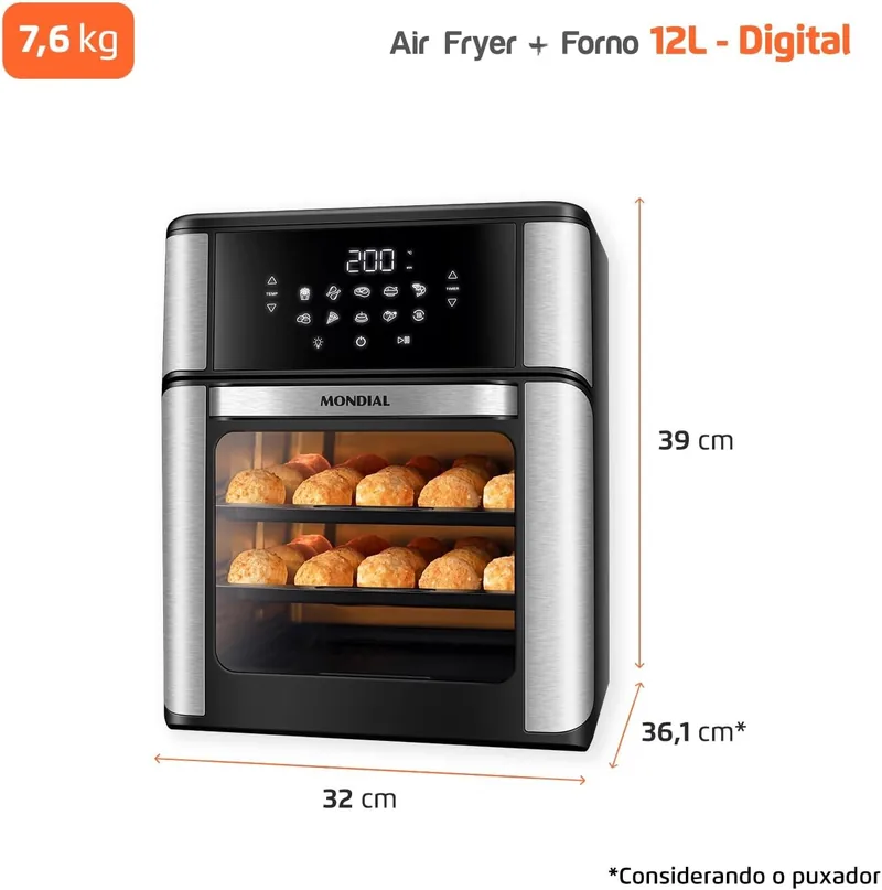 Praticidade no seu dia: timer 60 min, até 200°C e aviso sonoro